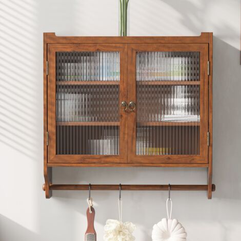 Eifson – Armoire murale de salle de bain 63x18x60 cm – 2 portes vitrées – Bois massif et verre – Rangement 3 niveaux – Installation facile