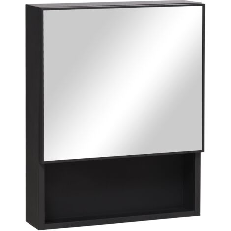 Armoire de salle de bain 46x13,5x58 cm, avec miroir, 2 étagères internes, étagère en verre ouverte, armoire murale moderne, adaptée pour la salle de bain - Noir (1/5)
