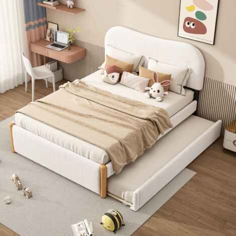 Eifson – Lit gigogne 140x200 cm en velours et MDF – Design minimaliste – Lit coulissant adapté aux enfants – Capacité 200 kg – Blanc