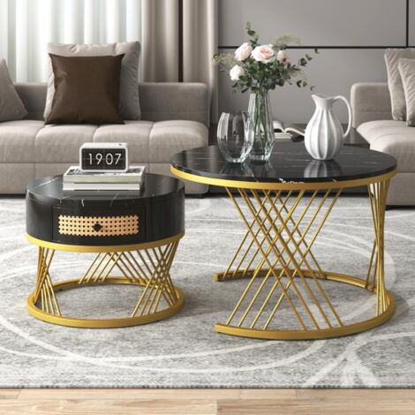 Lot de 2 Ronde Table basse gigogne, plateau marbre, tiroirs en rotin plastique, poignées en bois massif, pieds dorés, 70x70x45,5+50x50x38,5 cm - Noir