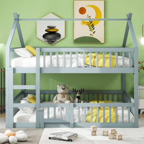 Eifson – Lit superposé enfant 140x200 cm avec escalier – Bois massif et MDF – Grille anti-chute pour sécurité – Design loft gris