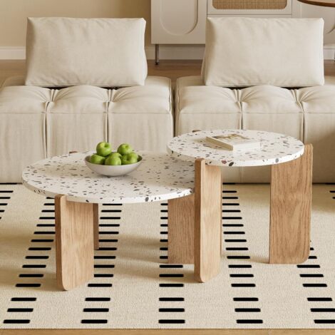 Eifson – Lot de 2 tables basses gigognes – texture marbre – pieds en bois massif – dimensions 70x70x35 cm et 50x50x45,5 cm – pour salons et balcons