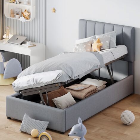 Eifson – Lit coffre simple 90x200 cm – Tête de lit rayée – Rangement hydraulique – Structure métallique – Sommier à lattes en lin – Gris