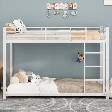 Lit superposé enfant 90 × 200 cm, lit superposé en fer forgé, avec escalier, avec protection antichute, sommier à lattes en métal, adapté aux enfants et adolescents - Blanc