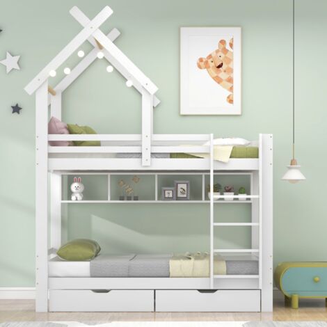 Lit superposé enfant 90x200 cm, avec escalier inclinée 3 marches, avec tiroirs, étagères, avec grille de protection antichute, structure en pin - Blanc