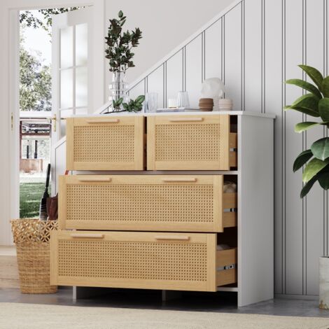 Commode 80x38x80 cm, avec 4 tiroirs en rotin, poignées en bois massif, panneaux de particules, pour salon et salle à manger - Naturel + Blanc (1/5)