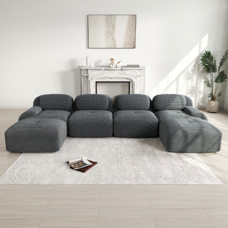 Eifson – Canapé panoramique en U 388x178x75 cm – Sofa modulable en velours côtelé respirant – Accoudoirs ergonomiques – Mousse haute résilience 32D – Gris
