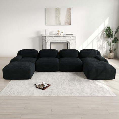 Eifson – Canapé panoramique en U 388x178x75 cm – Sofa modulable en velours côtelé respirant – Accoudoirs ergonomiques – Mousse haute résilience 32D – Noir