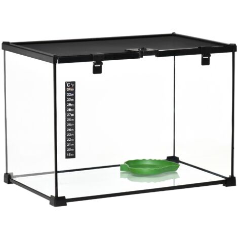 Terrarium pour reptiles 50x30x35 cm, terrarium panoramique à 360°, avec thermomètre 18-34°C, structure métallique, terrarium en verre, pour élevage de reptiles - Noir (1/5)
