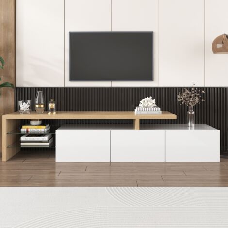 Eifson – Meuble TV 200 cm avec lumière LED variable – 3 portes – 2 étagères en verre – blanc brillant – dimensions 200x39x42 cm