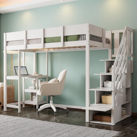 Lit mezzanine 90x200 cm, lit enfant 90x200 cm, avec étagères et bureau, escalier de rangement, en pin massif, sommier à lattes, lit ado - Blanc