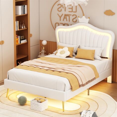Lit simple 90x200 cm, avec lumière LED, sommier à lattes, dossier en forme de coquille, diadème couronne, cuir PU, adapté aux enfants, adolescents - Blanc (1/5)