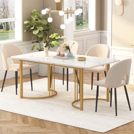 Table de salle à manger rectangulaire 140x80 cm, motif marbre moderne avec pieds réglables, table de cuisine moderne pour salle à manger, salon - Doré (sans chaises)