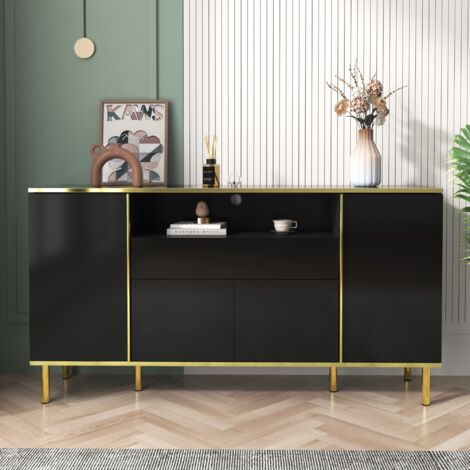 Buffet 150x40x80 cm, avec éclairage LED, 4 portes, 1 tiroir, 1 grand compartiment, finition brillante, bordure et pieds dorés, convient pour le salon et la cuisine - Noir (1/5)