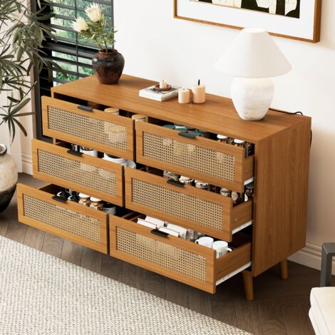 Eifson – Commode 120x40x76,5 cm avec 6 tiroirs en rotin – Poignées en métal – Pieds en bois massif – Style vintage pour salon et salle à manger (1/5)