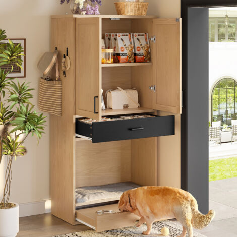 Eifson – Meuble pour animaux 160 cm – Station de nourriture avec 2 gamelles en acier inoxydable – Espace de rangement et crochets – Couleur chêne
