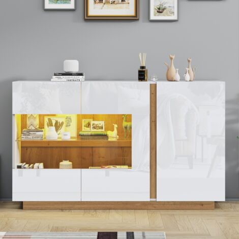 Buffet 138x38x90,5 cm, avec 3 portes, éclairage LED, décoration en verre, base en bois, style élégant et simple, adapté au salon et à la salle à manger - Blanc (1/5)