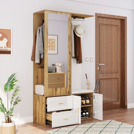 Meuble d'entrée 100x38x180 cm, avec 2 patères, 1 cintre rétractable, 2 tiroirs, miroir, meuble à chaussures, banc à chaussures, convient pour entrée, couloir - Blanc