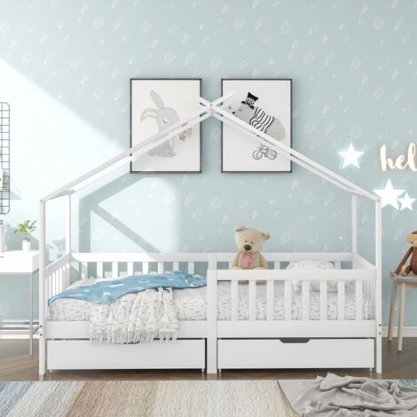 Lit cabane 90x200 cm, lit enfant, avec 2 tiroirs, barrière et sommier à lattes, protection antichute, lit en bois massif, lit maison, lit simple - Blanc (1/5)