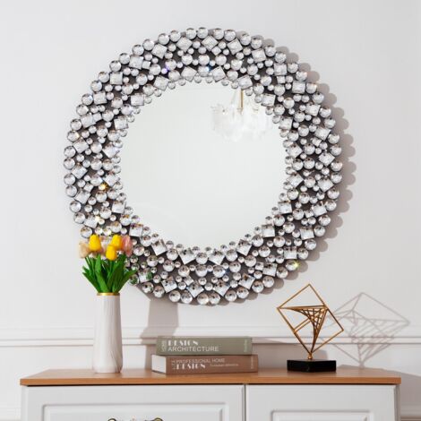Miroir rond de 86 cm, miroir mural baroque en cristal, miroir de salle de bain, miroir de courtoisie, miroir mural décoratif 3D - Argenté (1/5)