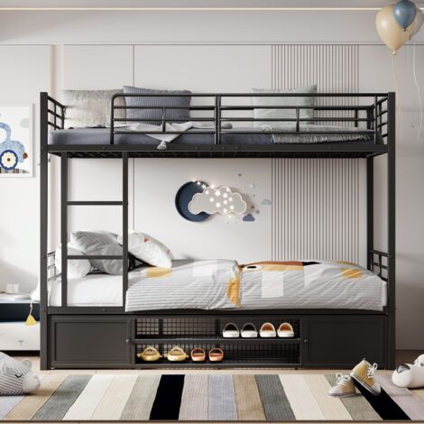 Lit superposé enfant 90x200 cm, avec marches latérales et meuble à chaussures ouvert, avec deux petits meubles de rangement à double porte, rails antichute en fer - Noir (1/5)