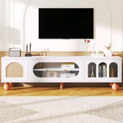 Eifson – Meuble TV 170 cm blanc avec portes en rotin et verre – 3 arches ouvrantes – Poignées dorées – Pieds arrondis en bois massif – 170x47x37 cm (1/5)