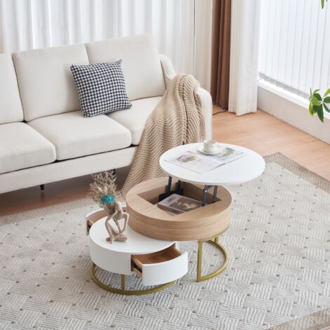 Eifson – Lot de 2 tables basses rondes emboîtables avec 2 tiroirs – Structure en métal – Design blocs de couleurs – Ajustables pour salon et balcon