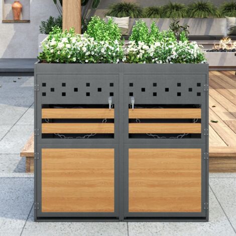 Cache-poubelle 2 bacs 132x80x125 cm, 120-240 litres, avec porte à poignée et 2 clés, 2 portes, jardinière, aspect bois, acier, anthracite - Gris