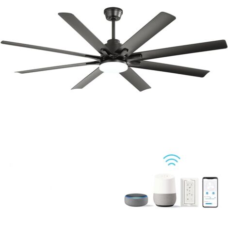 Ventilateur de plafond 167 cm, 8 pales, ventilateur de plafond avec lumiere, intensité variable 18 W, 6 vitesses, minuterie via application, ventilateur de plafond interieur - Noir