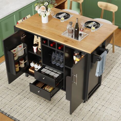 Desserte de cuisine 120x73(45)x92 cm, avec plateau rabattable, porte-serviettes, porte-épices, casier à vin et étagères réglables, buffet îlot de cuisine - Noir
