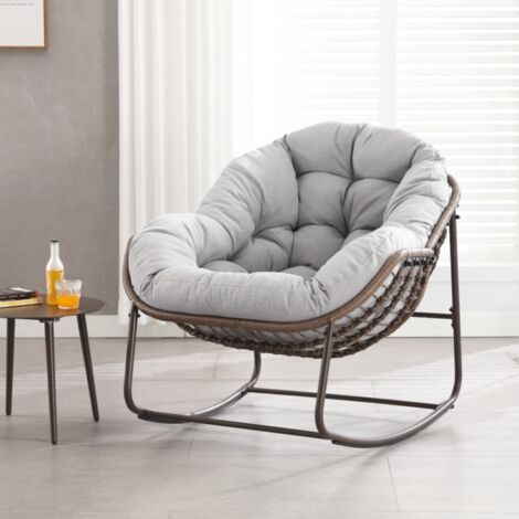 Eifson – Fauteuil à bascule extra large en osier avec coussin épais 15cm – Acier poli – Pour balcon, porche, jardin, terrasse – Gris