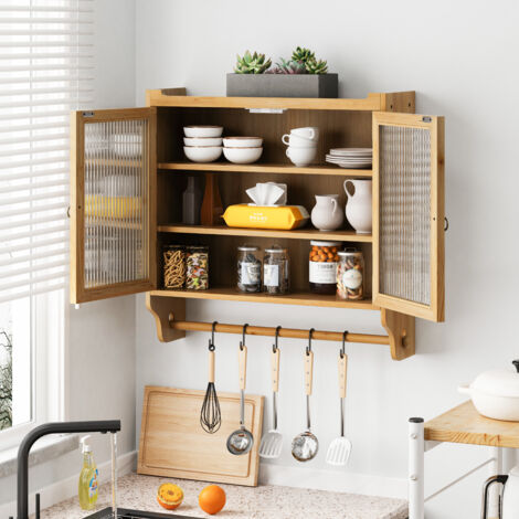 Armoire murale 63x18x60 cm, meuble de cuisine, avec 2 portes vitrées, étagère de rangement 3 niveaux, porte-serviettes, Armoire murale bois, Armoire murale de salle de bain - Naturel