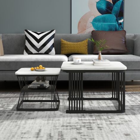 Lot de 2 Tables basses gigognes carrée ,motif marbre, structure métal, tube acier noir mat, style contemporain, 65x65x45 cm + 45x45x39,5 cm, noir/blanc (1/5)