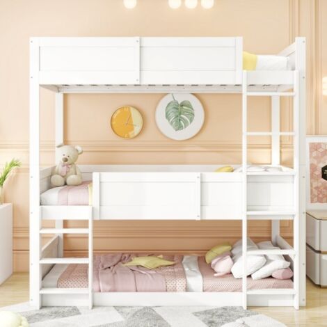 Lit superposé enfant 90x200 cm, design à traverse haute avec protection antichute, lattes en bois massif, peut accueillir 3 enfants, lit mezzanine en bois massif - Blanc (1/5)