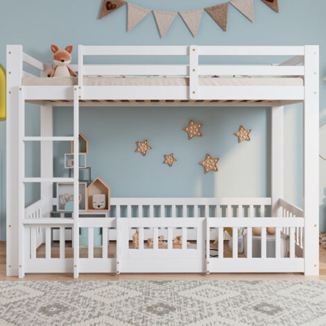 Lit superposé 90x200 cm, lit en bois massif, lit enfant, avec escalier à angle droit, garde-corps et porte, protection antichute, pin, lit ado - Blanc (1/5)