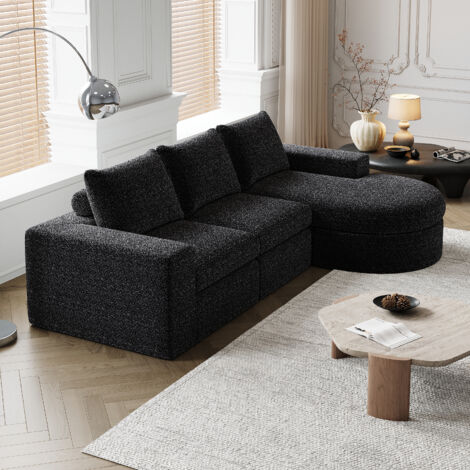 Canapé d'angle, canapé 3 places, avec éléments courbes, fauteuil en chenille, canapé modulable, canapé en L, 251x160x81 cm - Noir