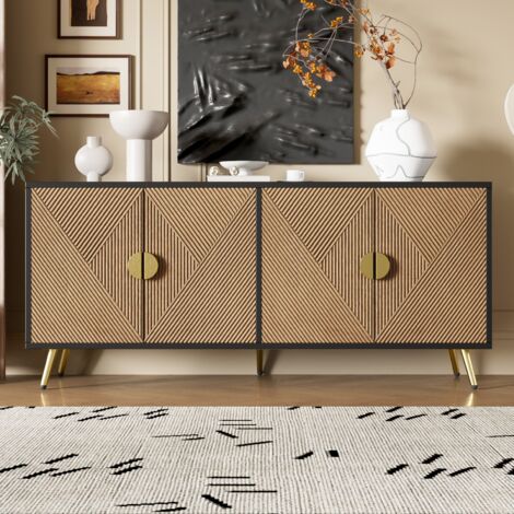 Buffet en bois 160 cm, à quatre portes, poignées dorées brossées, pieds brillants, style maison contemporaine - Noir