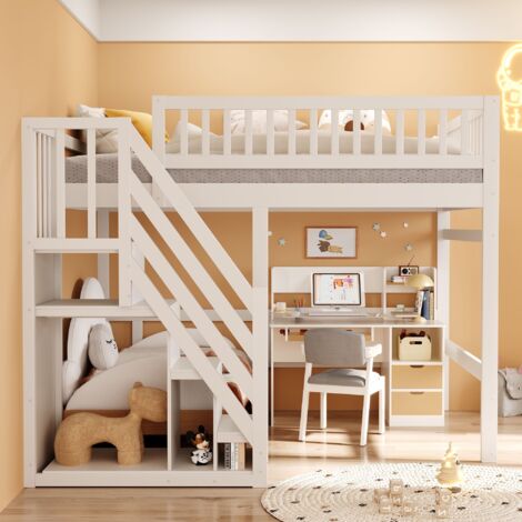 Lit mezzanine 140x200 cm - Lit en bois massif, avec escalier de rangement et garde-corps hauts, cadre en bois, Lit enfant  - Blanc
