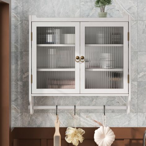 Armoire murale 63x18x60 cm, meuble de cuisine, avec 2 portes vitrées, étagère de rangement 3 niveaux, porte-serviettes, Armoire murale bois, Armoire murale de salle de bain - Blanc