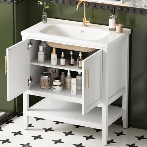 Lavabo 80x47x89 cm, meuble vasque simple, avec meuble de rangement, cloison ouverte, MDF, poignées métal, meuble lave mains à poser, meuble de salle de bain - Blanc (1/5)