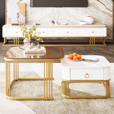 Lot de 2 tables basses gigognes carrées, aspect marbre brillant, plateau en verre marron thé, décor doré, avec un tiroir, convient pour salon, balcon, bureau – Blanc (1/5)