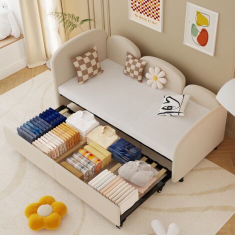 Lit gigogne 90x200 cm, avec tiroirs de rangement, velours, sommier à lattes, style contemporain, canapé lit double, adapté pour salon, chambre d'enfant, chambre - Beige