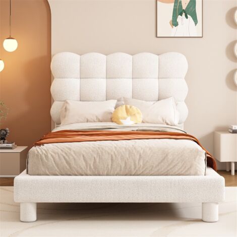Eifson – Lit simple capitonné 90x200 cm – Tête de lit réglable en biscuit boule – MDF et velours rond – Sommier à lattes – Blanc (1/5)