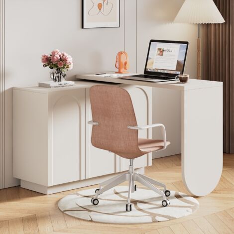 Bureau 110 cm, bureau dangle L, bureau gamer, table de travail, table pliante, avec 3 portes, table d'ordinateur, coiffeuse - Blanc (1/5)