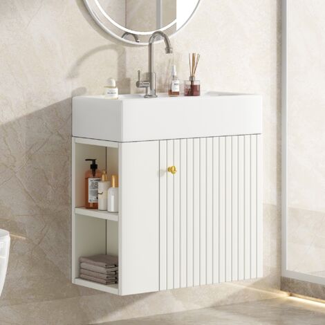 Lavabo 55x31x66 cm, avec meuble de rangement, étagères latérales, motif en relief, MDF, poignées en métal, suspendu, meuble de salle de bain - Blanc (1/5)