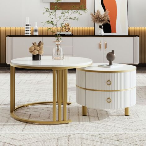 Lot de 2 Ronde Table basse gigogne, avec plateau brillant et dessus marbre blanc, 2 tiroirs, poignées dorées, 70x70x46 cm +50x50x45 cm - Blanc