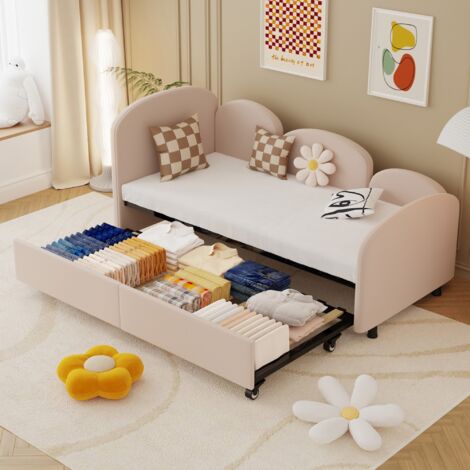 Lit gigogne 90x200 cm, avec tiroirs de rangement, velours, sommier à lattes, style contemporain, canapé lit double, adapté pour salon, chambre d'enfant, chambre - Rose