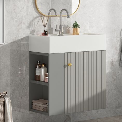 Lavabo 55x31x66 cm, avec meuble de rangement, étagères latérales, motif en relief, MDF, poignées en métal, suspendu, meuble de salle de bain - Gris
