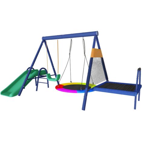 Balançoire, avec toboggan, trampoline, balançoire nid rond et balançoire en plastique, 335x198x183 cm, portique d'extérieur multifonctionnel - Bleu