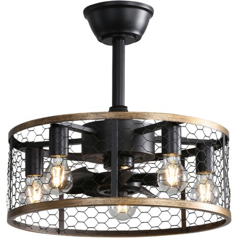 Ventilateur de plafond 50 cm, avec 7 pales en bois, 6 vitesses, moteur silencieux 85265 V, télécommande, style cage industrielle - Noir (1/5)